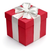 Red gift box with white ribbon and bow.